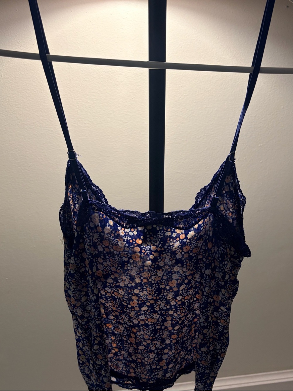 Makeup Forever Navy Floral Satin Lace-Trim Chemise